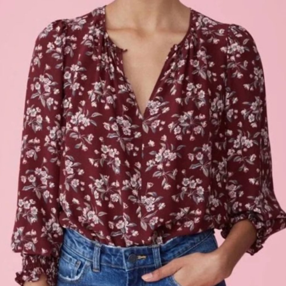 Rebecca Taylor Tilda Maroon Floral 100% Silk Keyhole v-neck blouse Top size 6
